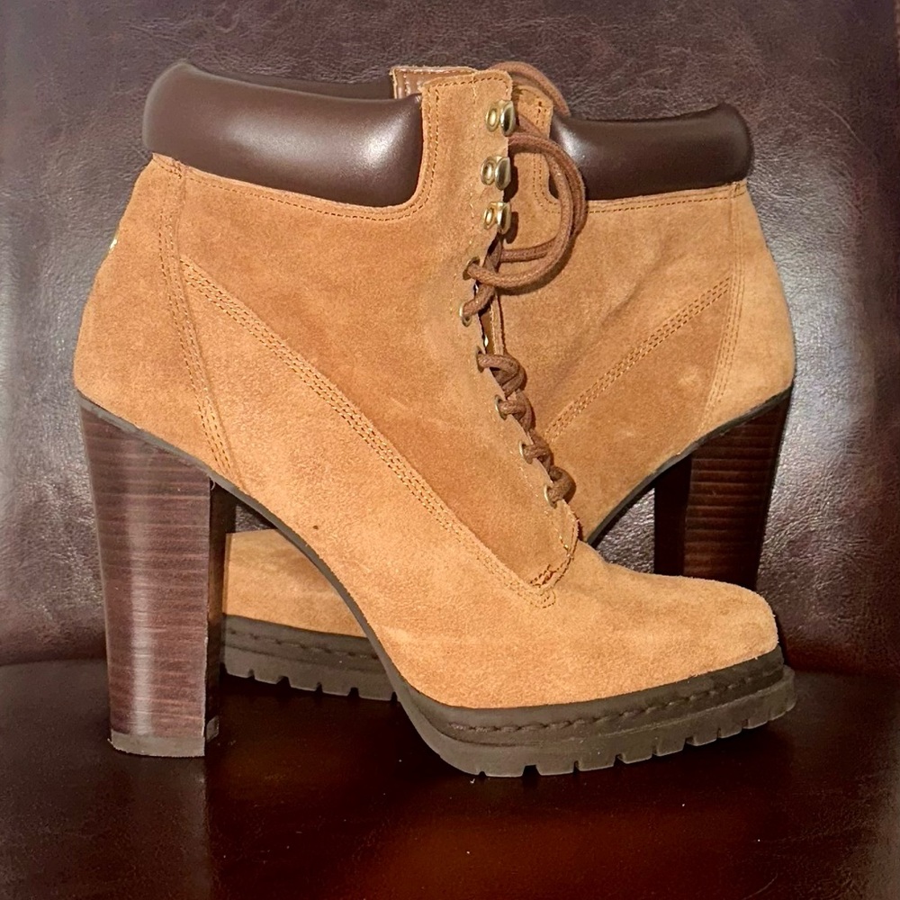 Women’s camel suede booties, 4 inch heel